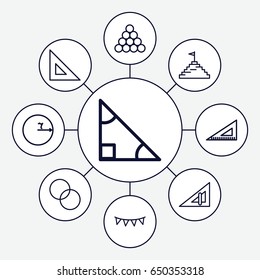 Triangle icons set. set of 9 triangle outline icons such as circle intersection, ruler, party flag, pyramid flag