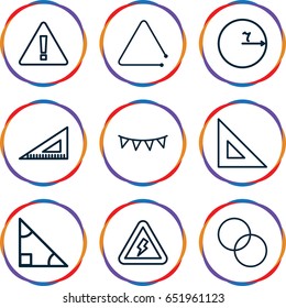 Triangle icons set. set of 9 triangle outline icons such as circle intersection, ruler, party flag, voltage warning, warning
