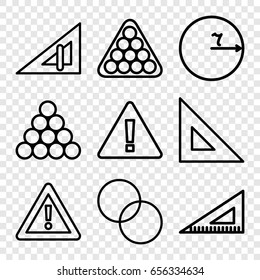 Triangle icons set. set of 9 triangle outline icons such as billiards, circle intersection, ruler, warning