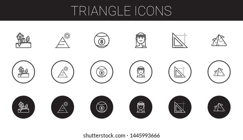 triangle icons set. Collection of triangle with landslide, pyramid, billiard, muse. Editable and scalable triangle icons.