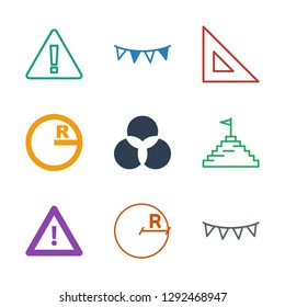 triangle icons. Trendy 9 triangle icons. Contain icons such as party flag, circle, warning, pyramid flag, circle intersection, ruler. triangle icon for web and mobile.