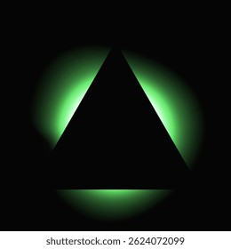 Triangle illuminate frame with gradient. Green triangle neon banner isolated on black background. Vector illustration