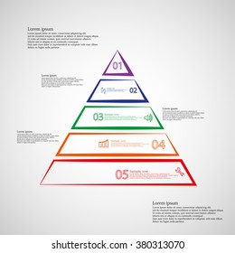 Triangle illustration infographic template horizontally divided to five parts with different colors. Each part is made from contour and contain sample text, number and simple sign on light background.
