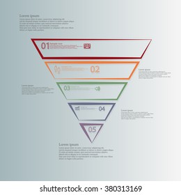 Triangle illustration infographic template horizontally divided to five parts with different colors. Each part is made from contour and contain sample text, number and simple sign on blue background.