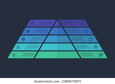 Triangle infographic with 10 elements, presentations, vector illustration. Template for web on a black background.