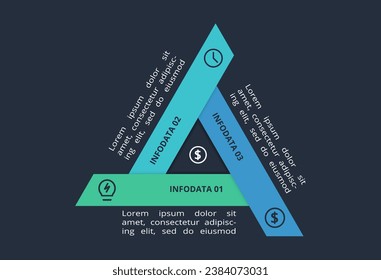 Triangle infographic with 3 elements, presentations, vector illustration. Template for web on a black background.