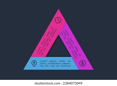 Triangle infographic with 3 elements, presentations, vector illustration. Template for web on a black background.