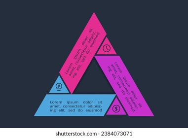Triangle infographic with 3 elements, presentations, vector illustration. Template for web on a black background.