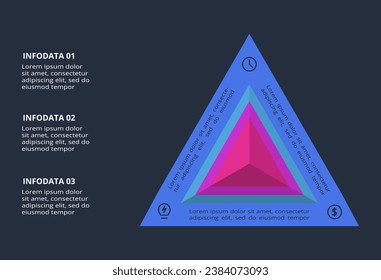 Triangle infographic with 3 elements, presentations, vector illustration. Template for web on a black background.