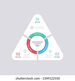 Triangle infographic with 3 options or steps. Business concept design with triangle and 3 segments. Vector template can be used for business presentation, chart, web design, numbers options. EPS10