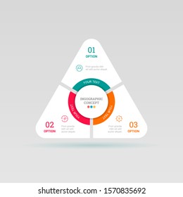 Triangle infographic with 3 options or steps. Business concept design with triangle and 3 segments. Vector template can be used for business presentation, chart, web design, numbers options. EPS10