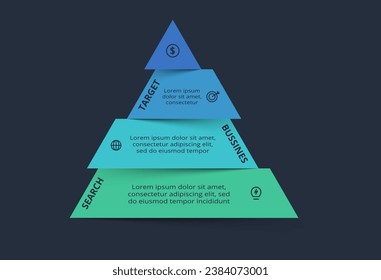 Triangle infographic with 4 elements, presentations, vector illustration. Template for web on a black background.