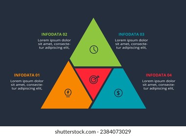 Triangle infographic with 4 elements, presentations, vector illustration. Template for web on a black background.