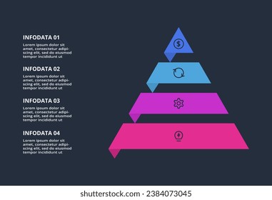 Triangle infographic with 4 elements, presentations, vector illustration. Template for web on a black background.