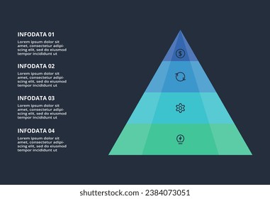 Triangle infographic with 4 elements, presentations, vector illustration. Template for web on a black background.