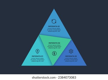 Triangle infographic with 4 elements, presentations, vector illustration. Template for web on a black background.