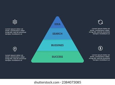 Triangle infographic with 4 elements, presentations, vector illustration. Template for web on a black background.