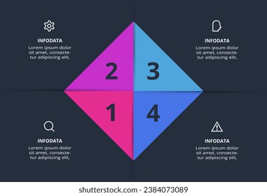 Triangle infographic with 4 elements, presentations, vector illustration. Template for web on a black background.