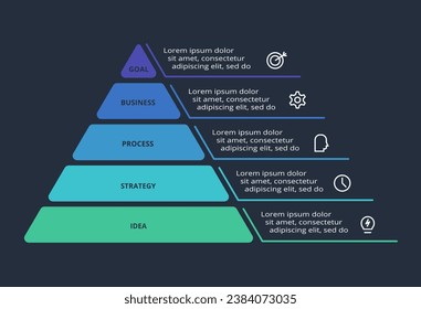 Triangle infographic with 5 elements, presentations, vector illustration. Template for web on a black background.