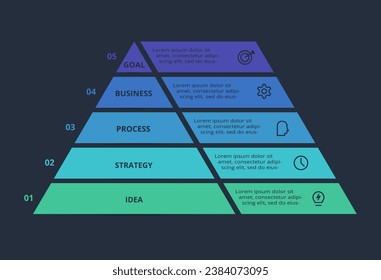 Triangle infographic with 5 elements, presentations, vector illustration. Template for web on a black background.