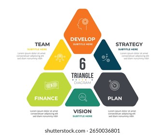 Triangle infographic 6 way chart. Diagram information label with 6 option