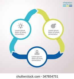 Triangle Infographic. Flat Chart, Graph, Diagram With 3 Steps, Options, Parts With Arrows. Vector Template In Blue And Yellow For Presentation.