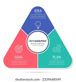 Plantilla de infografía de triángulo. Viaje de línea de tiempo de 3 pasos, calendario Plano sencillo de diseño de infografías. gráfico de presentación. Concepto de negocio con 3 opciones, ilustración vectorial.