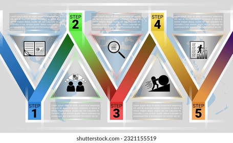 plantilla de infografía triangular con el diagrama 5 pasos con un cuadro de descripción y un mapa global detrás.