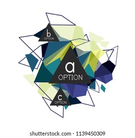 Diseño de infografías de triángulo, plantilla de diseño de fondo abstracto de moda para la presentación de información de negocios, banner de fondo de pantalla de aplicación, afiche o fondo de pantalla. Ilustración del vector