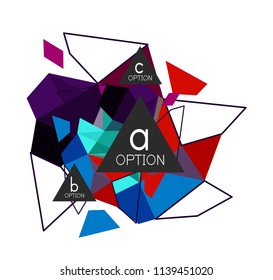 Diseño de infografías de triángulo, plantilla de diseño de fondo abstracto de moda para la presentación de información de negocios, banner de fondo de pantalla de aplicación, afiche o fondo de pantalla. Ilustración del vector