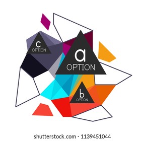 Diseño de infografías de triángulo, plantilla de diseño de fondo abstracto de moda para la presentación de información de negocios, banner de fondo de pantalla de aplicación, afiche o fondo de pantalla. Ilustración del vector