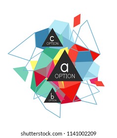 Diseño de infografías de triángulo, plantilla de diseño de fondo abstracto de moda para la presentación de información de negocios, banner de fondo de pantalla de aplicación, afiche o fondo de pantalla. Ilustración del vector