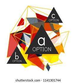 Diseño de infografías de triángulo, plantilla de diseño de fondo abstracto de moda para la presentación de información de negocios, banner de fondo de pantalla de aplicación, afiche o fondo de pantalla. Ilustración del vector