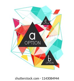 Diseño de infografías de triángulo, plantilla de diseño de fondo abstracto de moda para la presentación de información de negocios, banner de fondo de pantalla de aplicación, afiche o fondo de pantalla. Ilustración del vector
