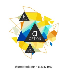 Diseño de infografías de triángulo, plantilla de diseño de fondo abstracto de moda para la presentación de información de negocios, banner de fondo de pantalla de aplicación, afiche o fondo de pantalla. Ilustración del vector