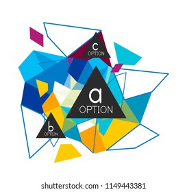Diseño de infografías de triángulo, plantilla de diseño de fondo abstracto de moda para la presentación de información de negocios, banner de fondo de pantalla de aplicación, afiche o fondo de pantalla. Ilustración del vector