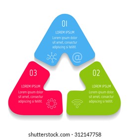 Triangle infographics design templates with 3 parts. Triangle banner with options. Template for diagram, graph, presentation or chart. Business concept sequence banner. EPS10 workflow layout.