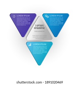 Triangle infographics. The triangle diagram is divided into 3 parts. Business strategy, project development schedule, or training stages. Flat design.
