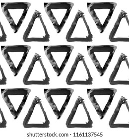 Triangle Ink stroke brushes seamless pattern. Watercolor black paint isolated on white background. Vector abstract illustration. Retro vintage design vector