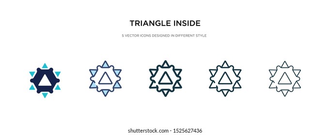 triangle inside hexagon icon in different style vector illustration. two colored and black triangle inside hexagon vector icons designed in filled, outline, line and stroke style can be used for
