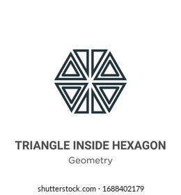 Triangle inside hexagon outline vector icon. Thin line black triangle inside hexagon icon, flat vector simple element illustration from editable geometry concept isolated stroke on white background