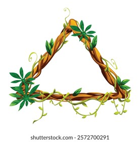 Triangle liana frame with lush tropical leaves and intertwining vines. Perfect for nature themes. Vector cartoon illustration