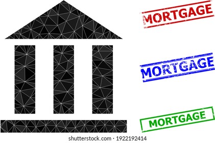 Triangle library office polygonal symbol illustration, and rough simple Mortgage stamp imitations. Library Office icon is filled with triangles. Simple stamp seals uses lines, rects in red, blue,