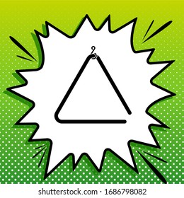 Triangle line sign. Black Icon on white popart Splash at green background with white spots. Illustration.