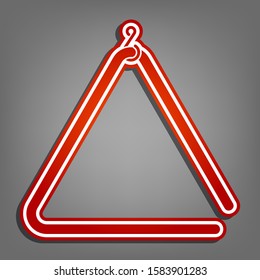 Triangle line sign. Flat red icon with linear white icon with gray shadow at grayish background. Illustration.