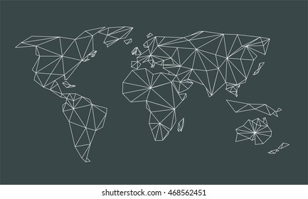 Triangle Line World Map, Vector Net Of White Lines Triangles On Black Background