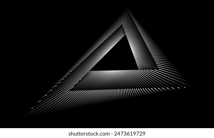 Triangle with lines, perspective view. White triangle over black background. Can be used as logo, icon, tattoo. Optical illusion effect.