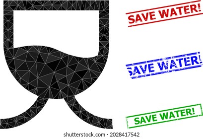 Triangle Flüssig-Tank polygonal Symbol Illustration, und strukturierte einfache Save Water Exclamation. Siegel. Das Symbol des Flüssigen Tanks ist mit Dreiecken gefüllt. Einfache Siegel verwenden Linien, Rektöne in Rot, Blau, Grün