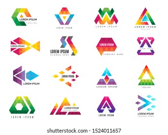 Triangle logo. Business advertizing template polygonal colored symbols of identity vector pictogram collection