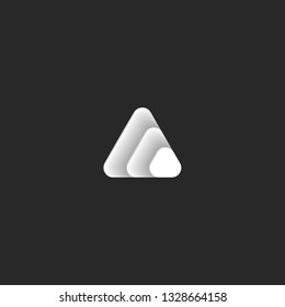 Triangle logo of the consisting of three triangles in the form of paper scales of the white gradient with shadows. Black and white icon in the style of material design.